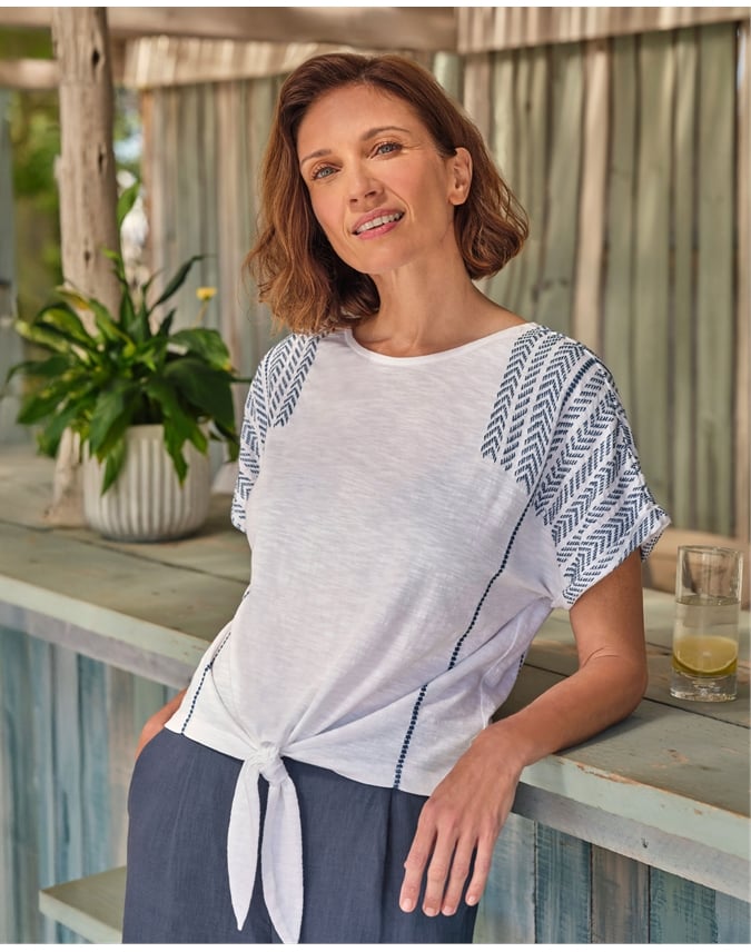Embroidered Tie Hem Top