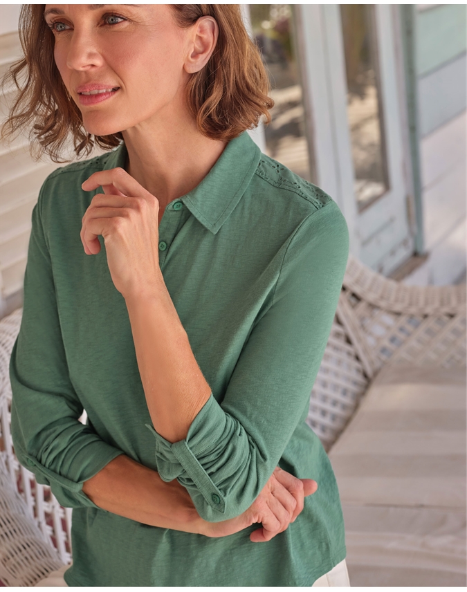 Broderie Yoke Popover Jersey Shirt