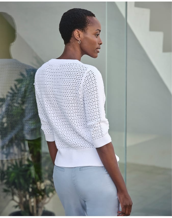 Cotton Mesh Button Neck Top