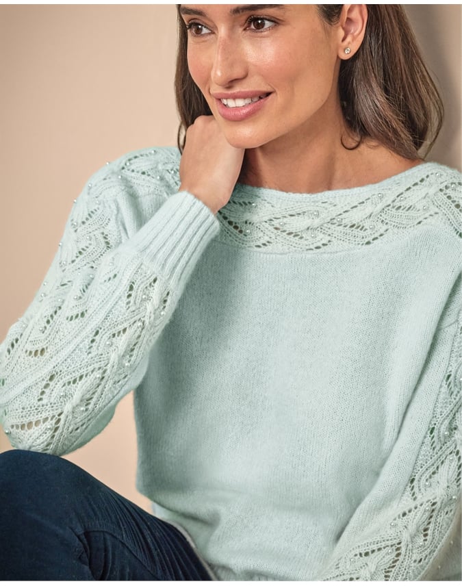 Wool Cashmere Lace And Pearl Sleeve Sweater