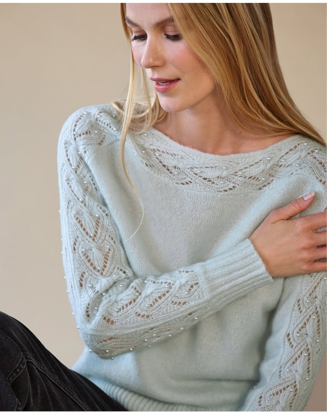 Wool Cashmere Lace And Pearl Sleeve Sweater