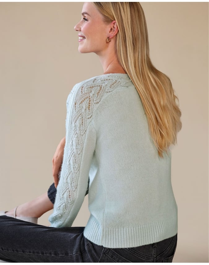 Wool Cashmere Lace And Pearl Sleeve Sweater