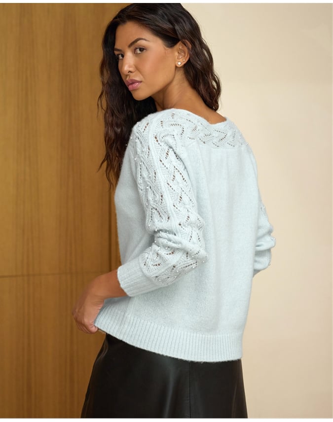 Wool Cashmere Lace And Pearl Sleeve Sweater