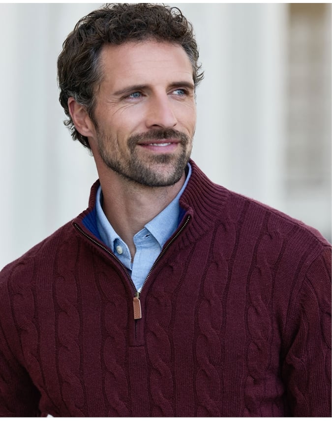 Mens Cashmere Blend Half Zip Cable Sweater