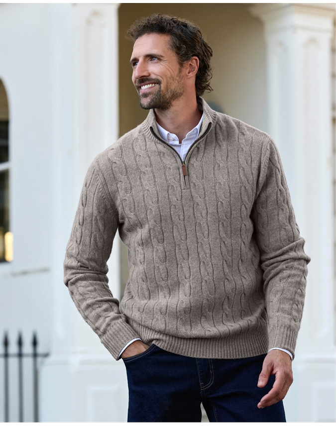 Mens Cashmere Blend Half Zip Cable Jumper