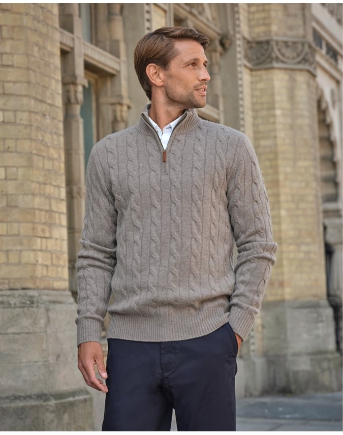 Mens Cashmere Blend Half Zip Cable Sweater