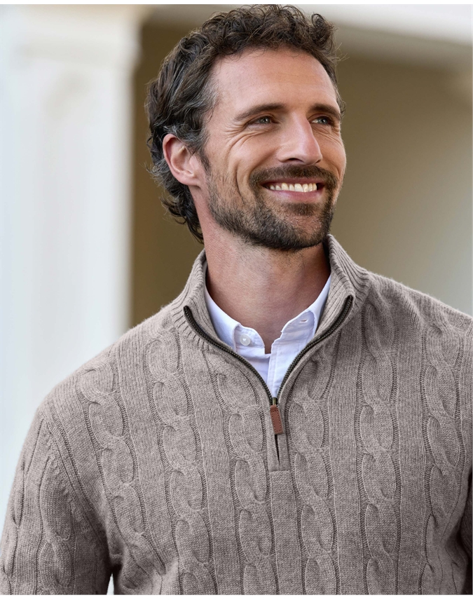 Mens Cashmere Blend Half Zip Cable Jumper