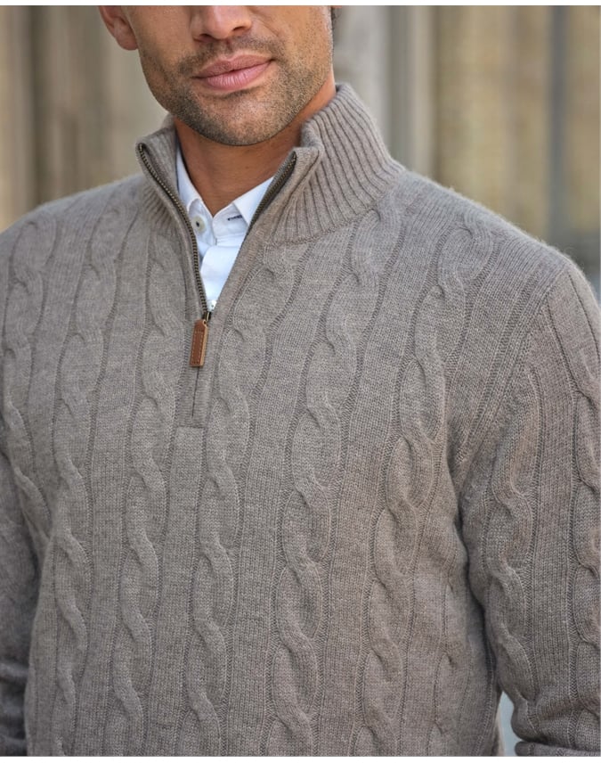 Mens Cashmere Blend Half Zip Cable Sweater