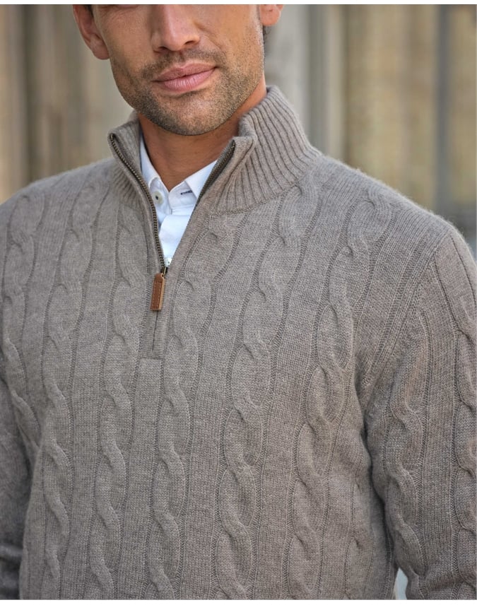 Mens Cashmere Blend Half Zip Cable Sweater