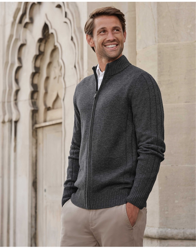 Wool Cashmere Ribbed Zip Through Cardigan