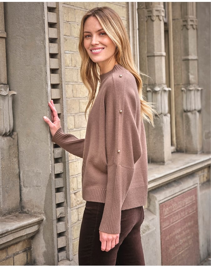 Cashmere Wool Button Sleeve Sweater