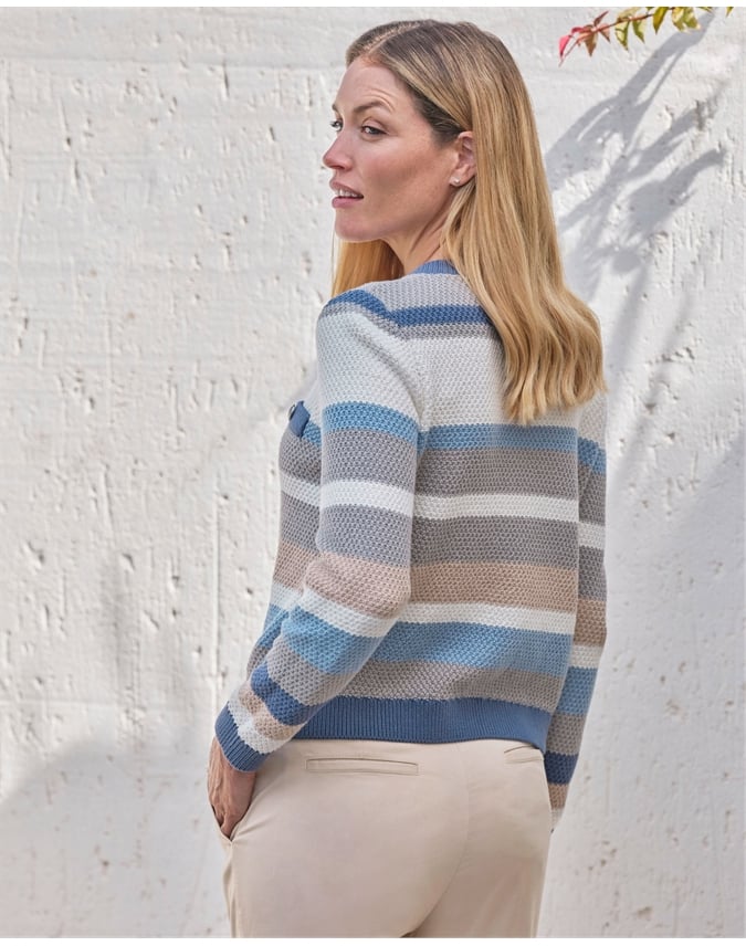 Cotton Striped Textured Crew Cardigan