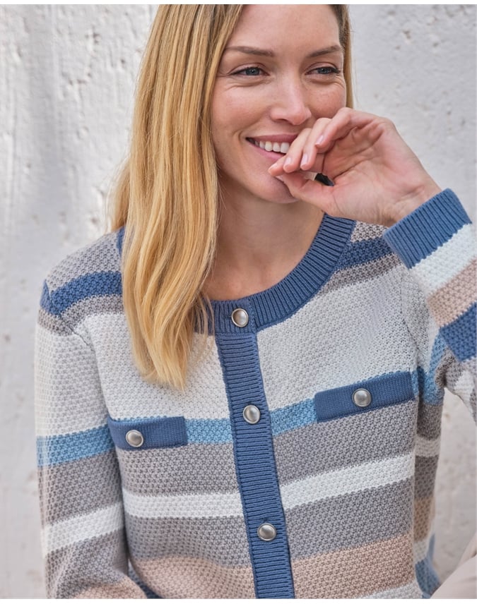 Cotton Striped Textured Crew Cardigan
