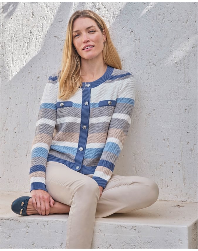 Cotton Striped Textured Crew Cardigan
