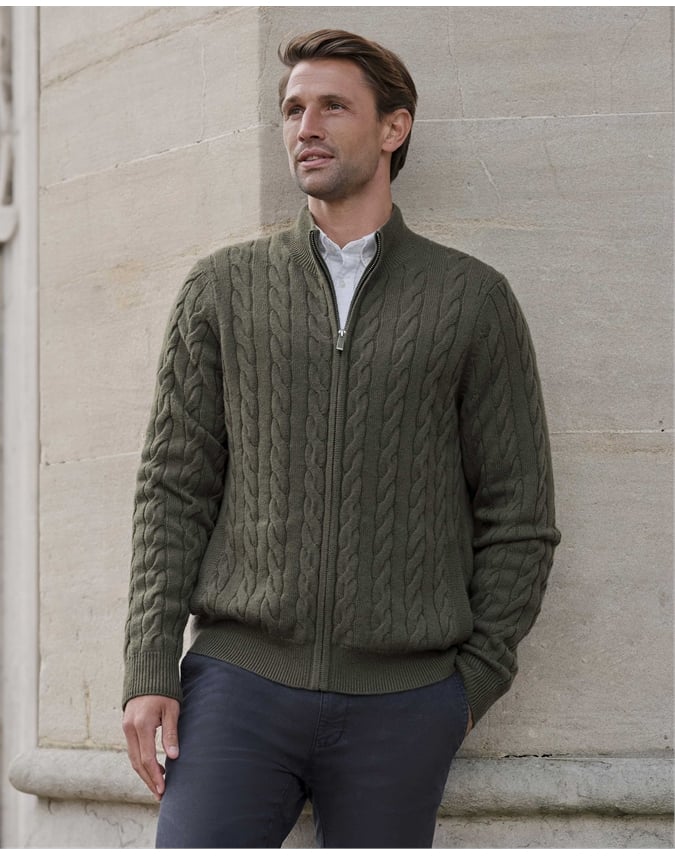 Mens Cashmere Blend Cable Zip Cardigan