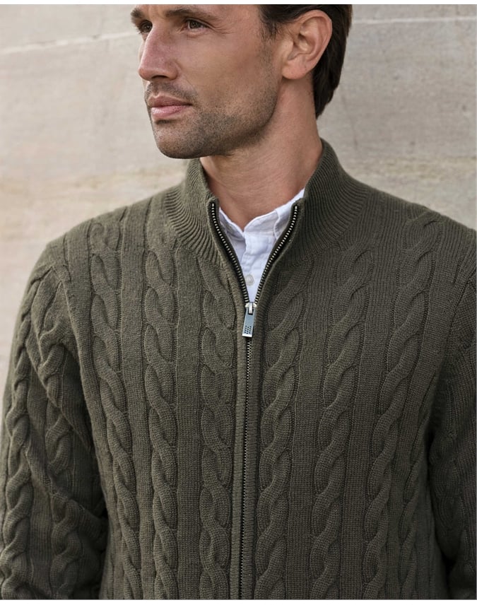 Mens Cashmere Blend Cable Zip Cardigan