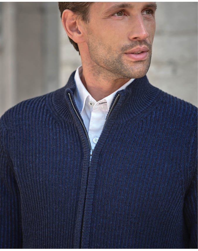 Mens Cashmere Blend Two Tone Ribbed Zip Cardigan