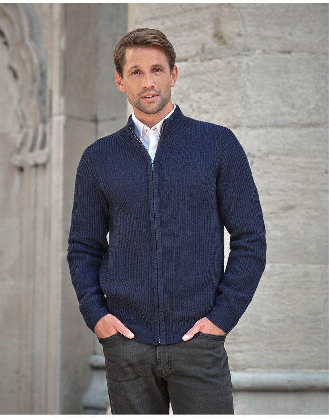 Mens Cashmere Blend Two Tone Ribbed Zip Cardigan