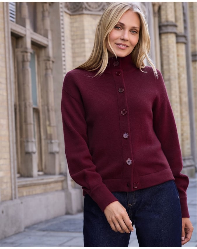 Wool Cashmere Funnel Neck Cardigan
