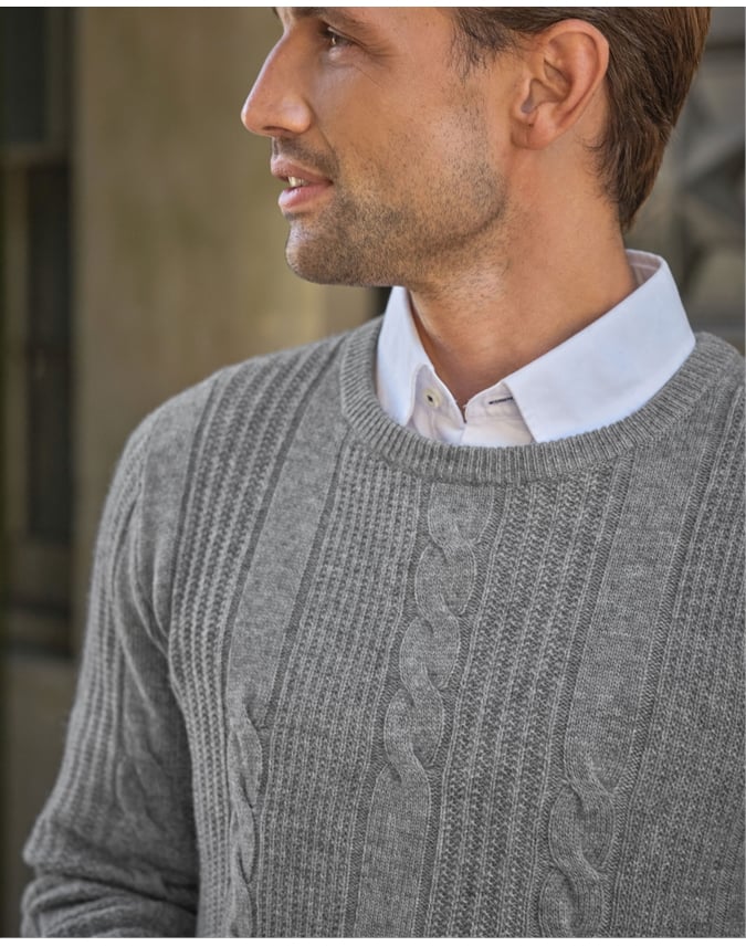 Cashmere Blend Cable Crew Neck Sweater