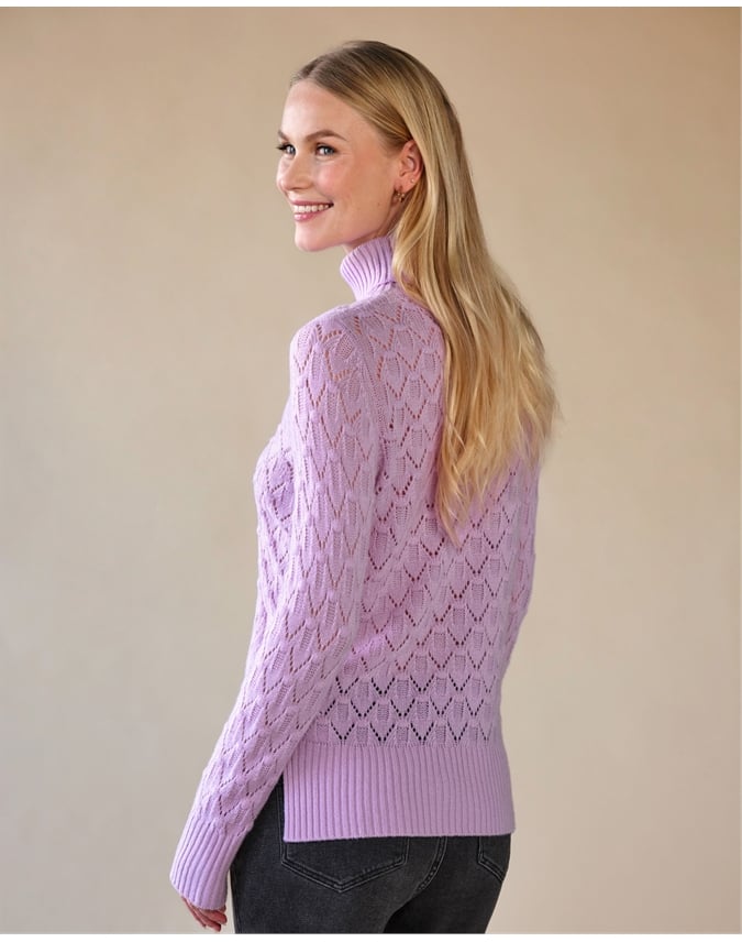 Cashmere Blend Lacy Stitch Roll Neck Sweater