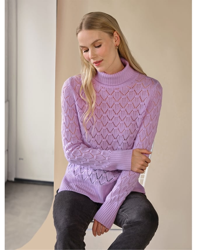 Cashmere Blend Lacy Stitch Roll Neck Jumper