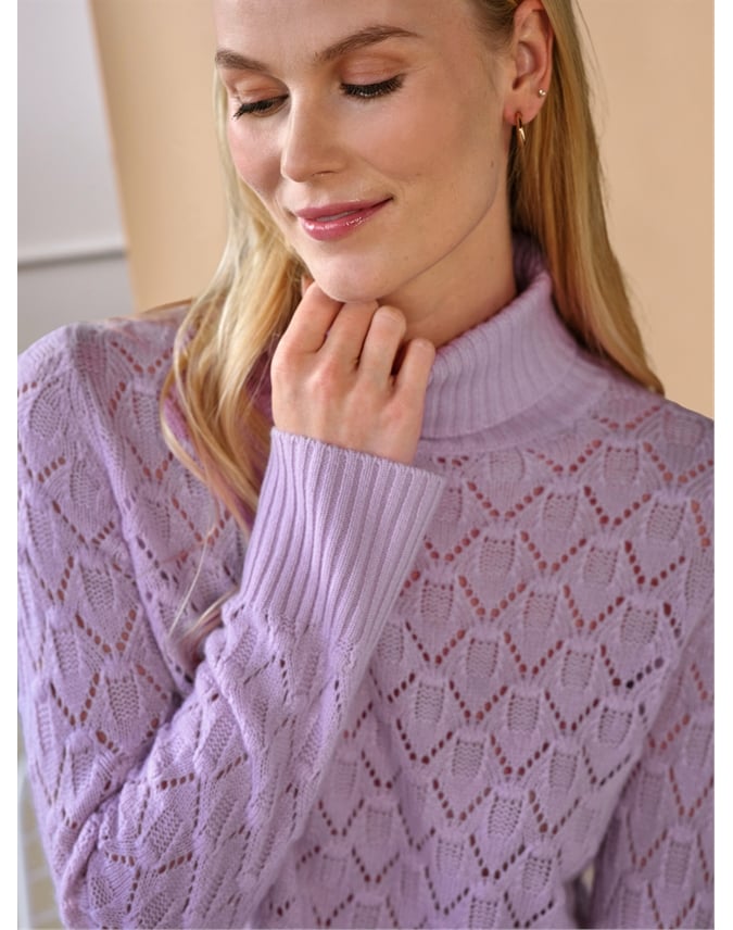 Cashmere Blend Lacy Stitch Roll Neck Jumper