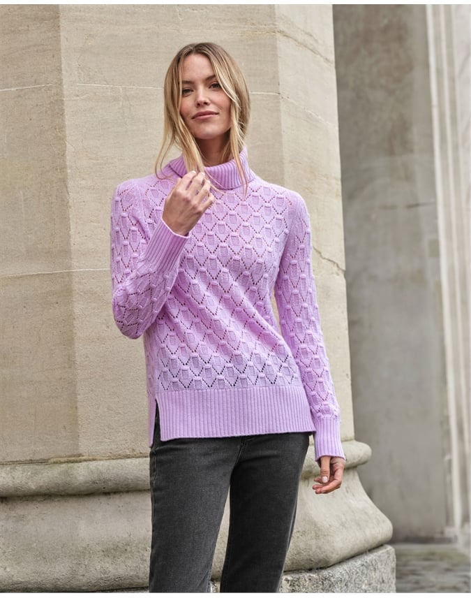 Wool Cashmere Lacy Stitch Roll Neck Jumper