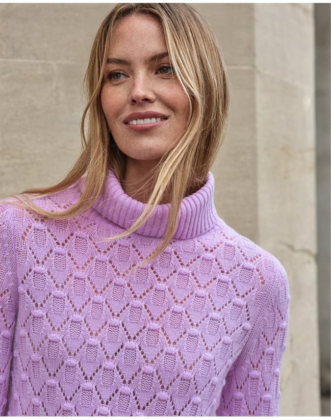 Wool Cashmere Lacy Stitch Roll Neck Jumper