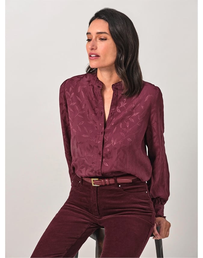Frill Neck Leaf Jaquard Blouse