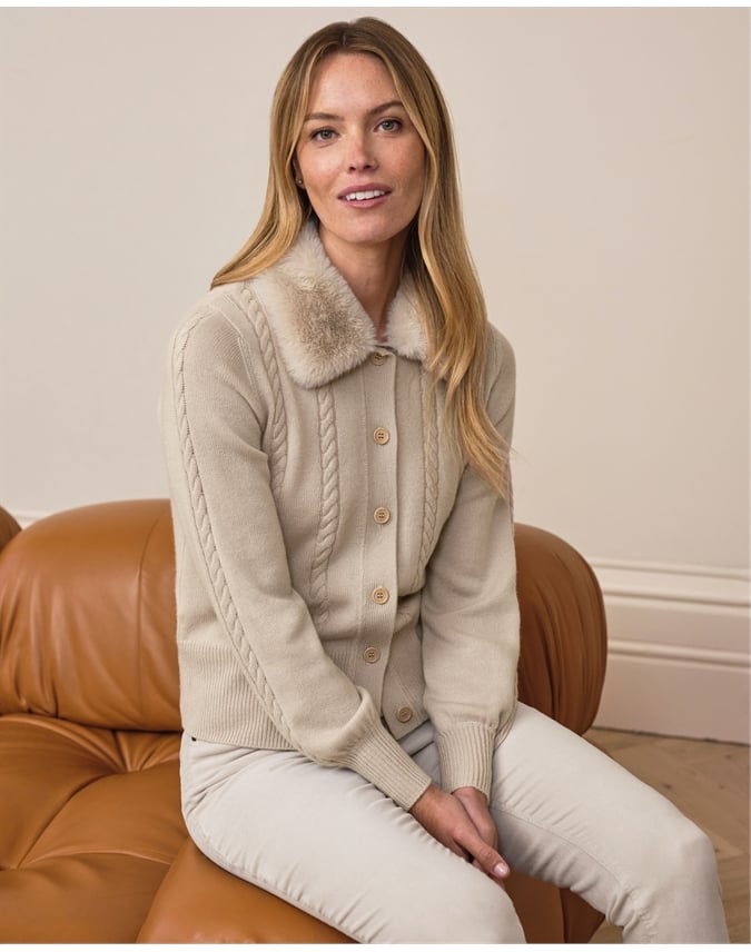 Wool Cashmere Fur Trim Cable Cardigan