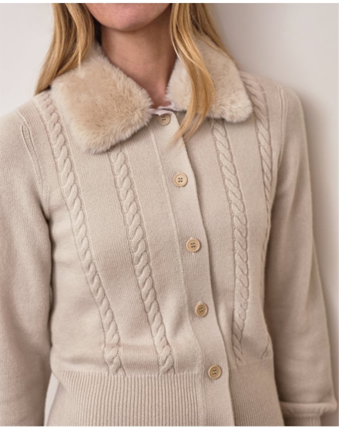 Wool Cashmere Fur Trim Cable Cardigan