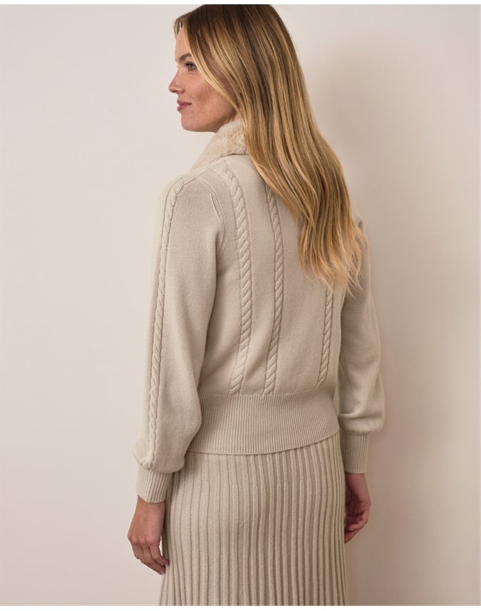 Wool Cashmere Fur Trim Cable Cardigan