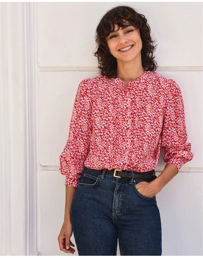 Collarless Pleat Detail Blouse