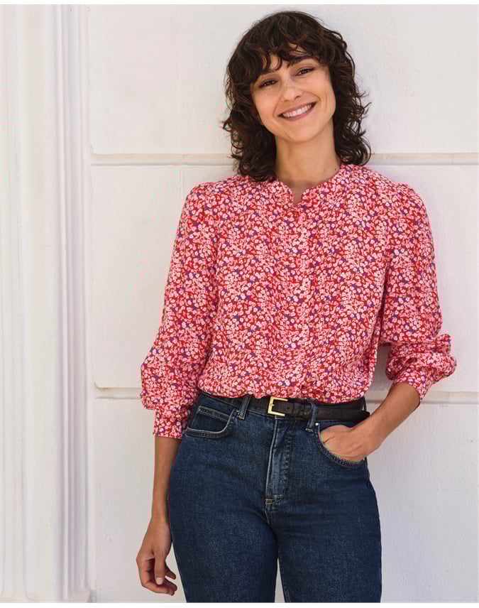 Collarless Pleat Detail Blouse