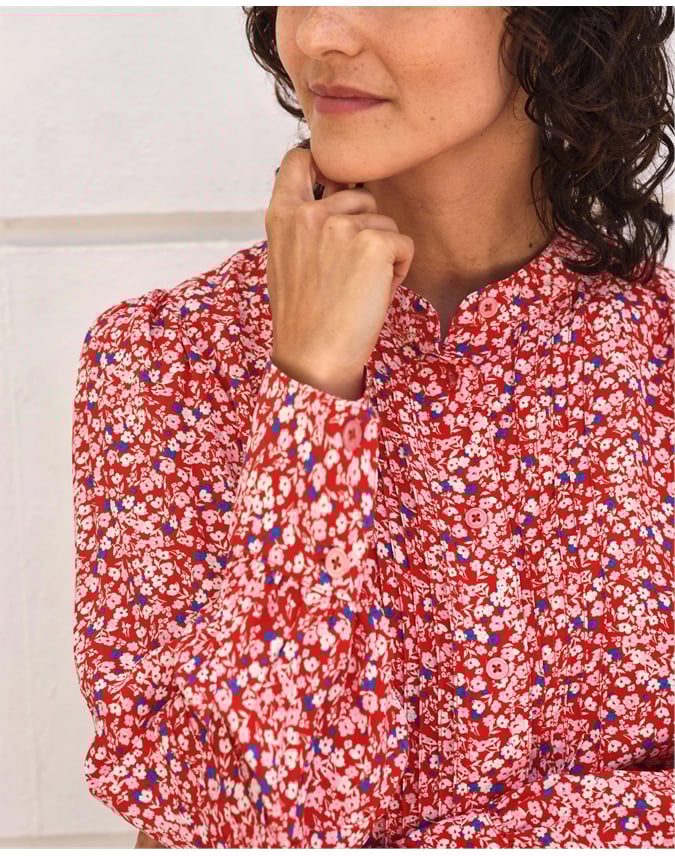 Collarless Pleat Detail Blouse