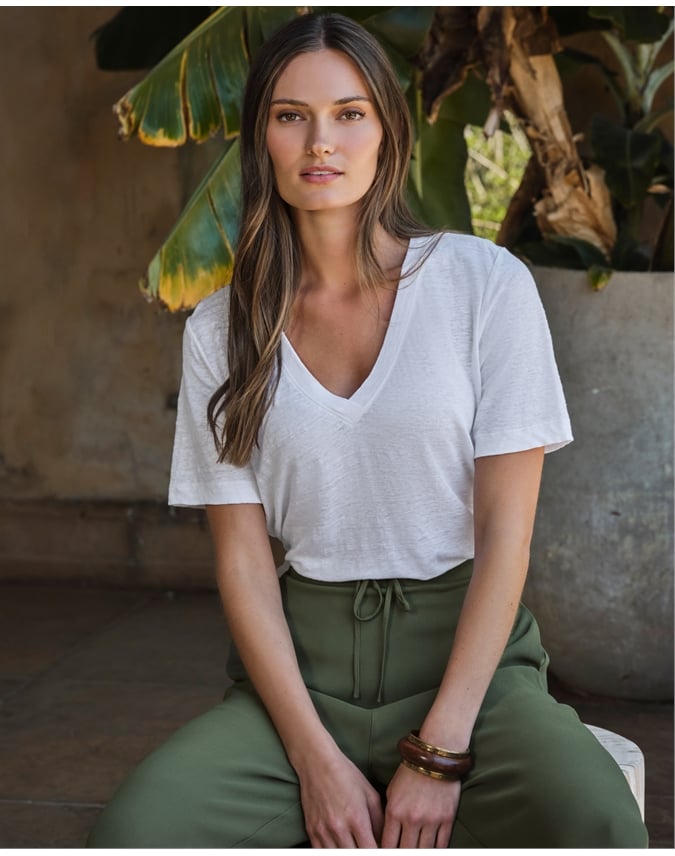 Linen Short Sleeve V Neck T-Shirt