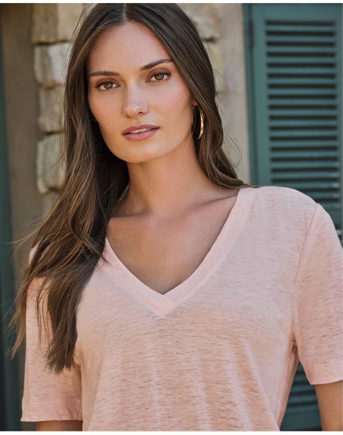 Linen Short Sleeve V Neck T-Shirt
