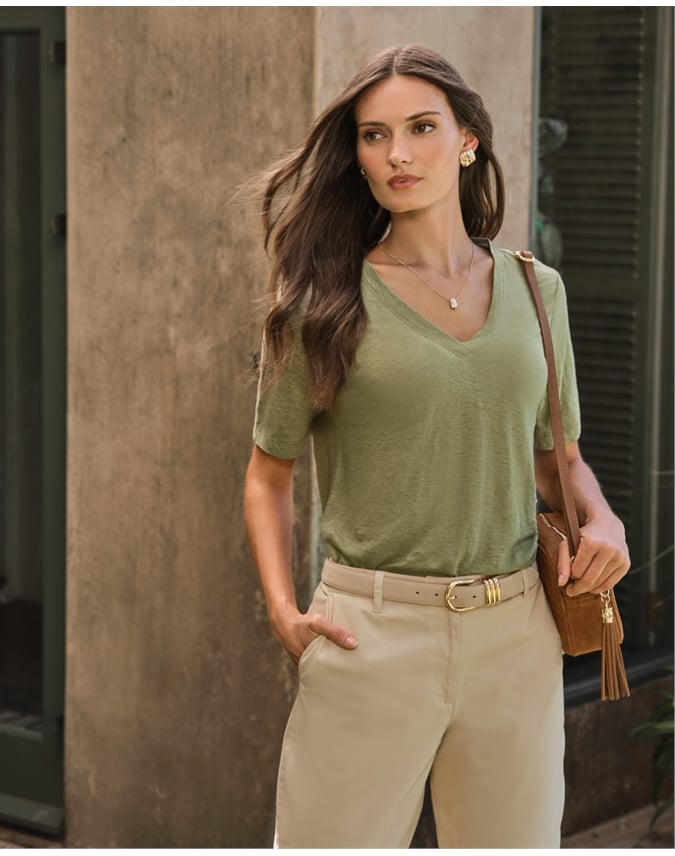 Linen Short Sleeve V Neck T-Shirt