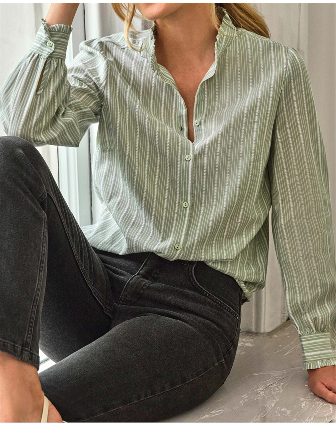 Washed Cotton Poplin Frilled Stand Collar Shirt