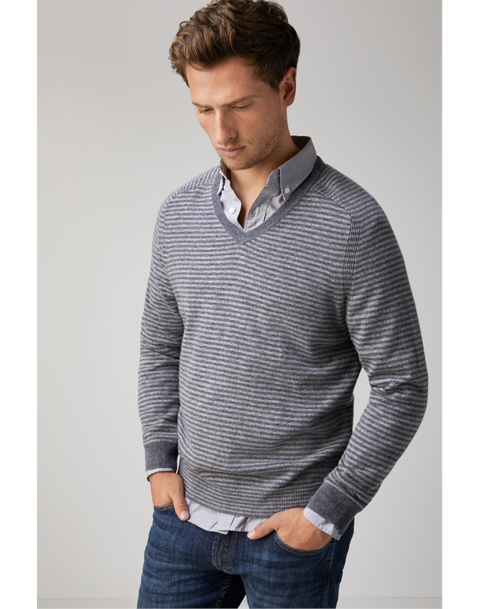 Cloud/Dark Grey Stripe | Mens Cashmere V Neck Sweater | Pure Collection