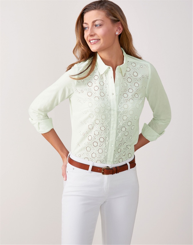 Bloom Green | Broderie Anglaise Front Cotton Shirt | Pure Collection