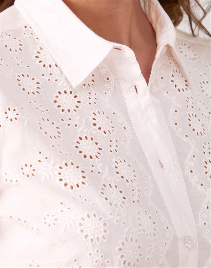 Pale Pink | Broderie Anglaise Front Cotton Shirt | Pure Collection