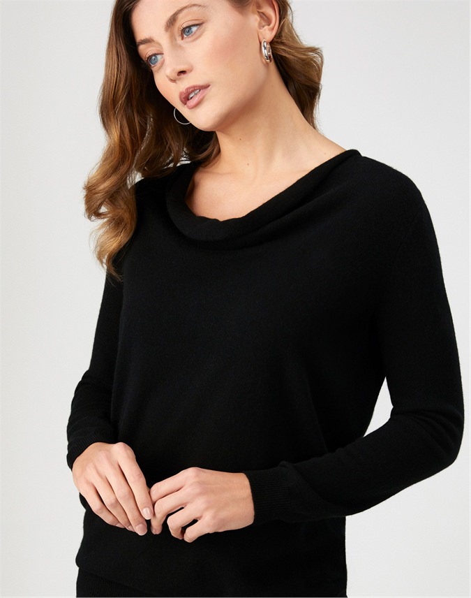 Black Cashmere Boyfriend Drape Neck Sweater Pure Collection