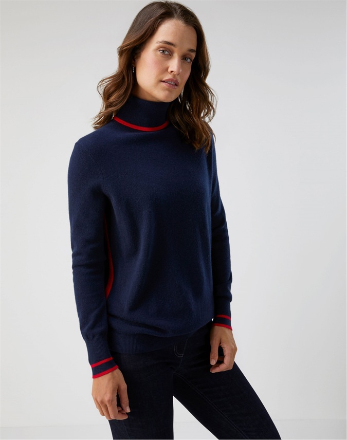 Navy Tipped | Cashmere Boyfriend Polo Neck Sweater | Pure Collection