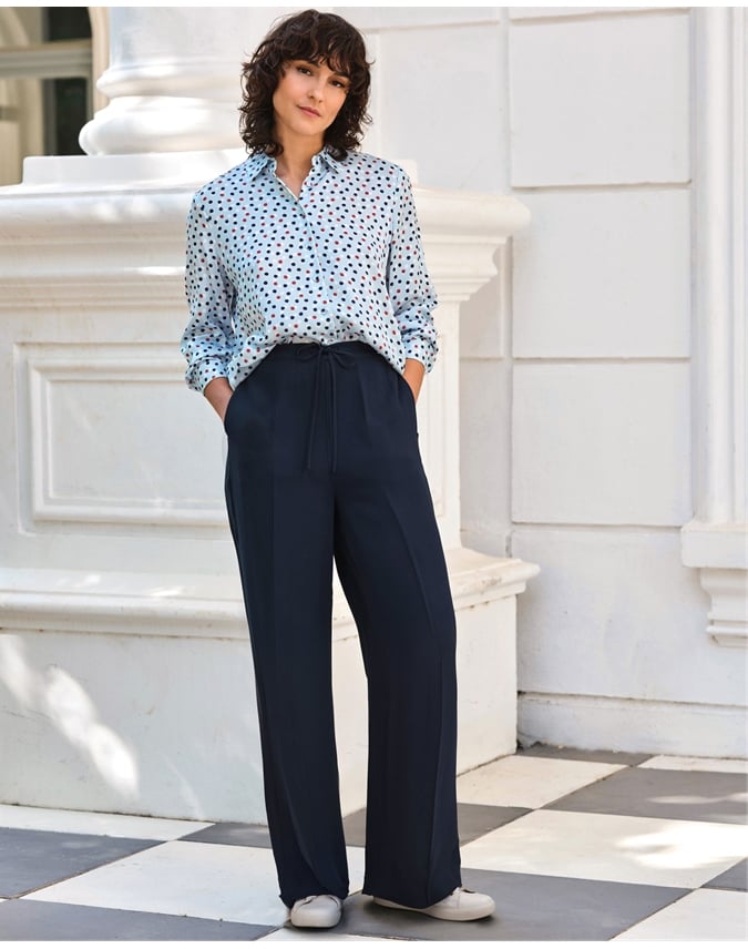 Tie Waist Elastic Back Wide Leg Trouser