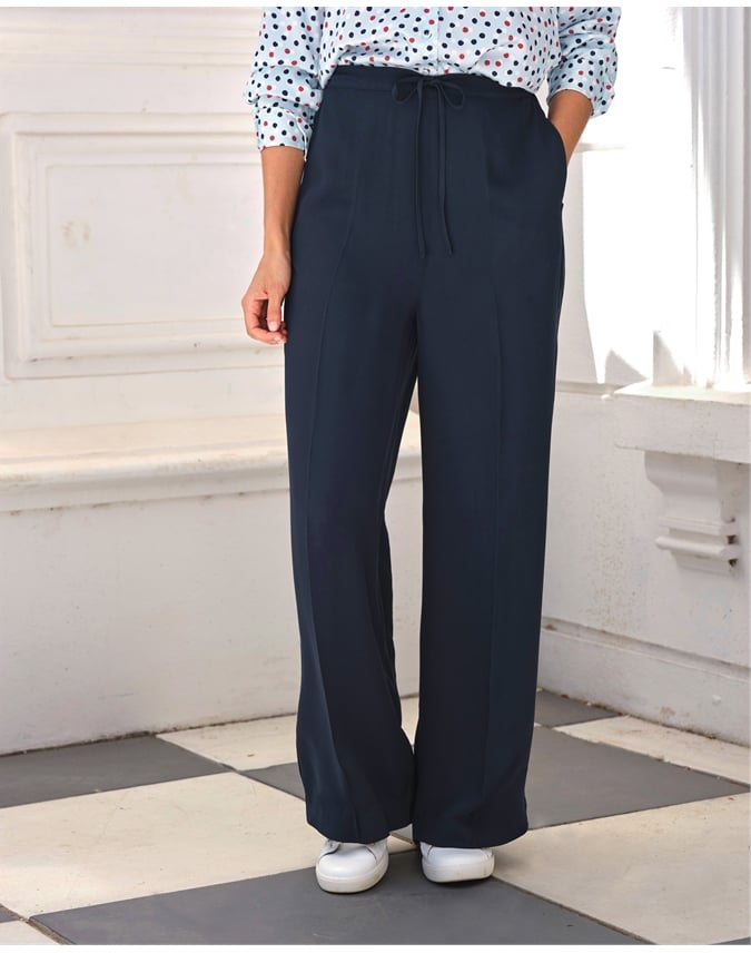 Tie Waist Elastic Back Wide Leg Trouser