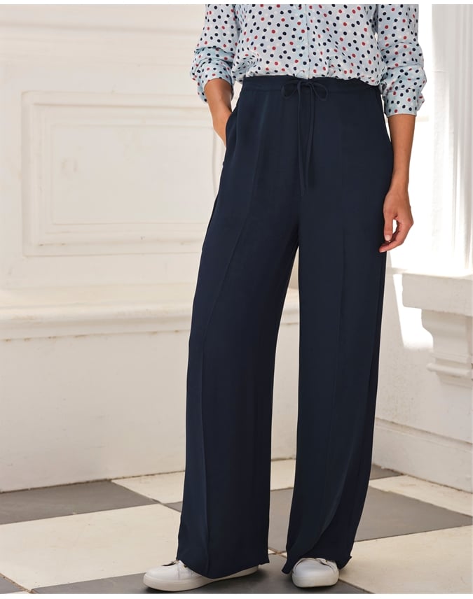 Tie Waist Elastic Back Wide Leg Trouser
