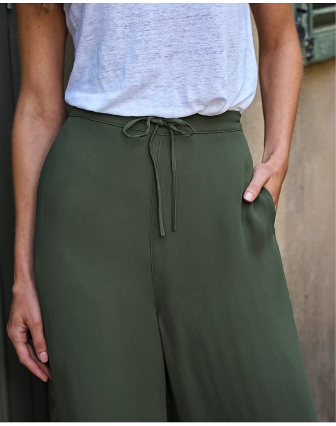 Tie Waist Elastic Back Wide Leg Trouser