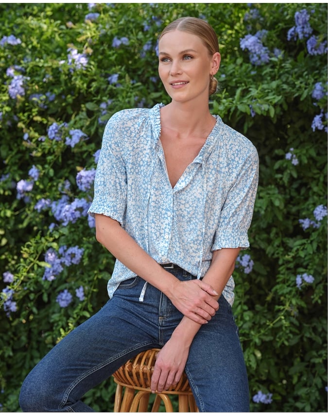 Short Sleeve Tie Frill Neck Blouse